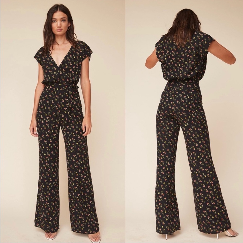 LPA 76 Little Roses Black Floral V-Neck Wide-Leg Jumpsuit Large